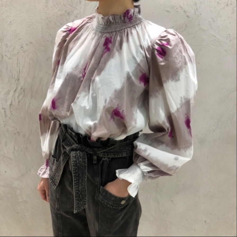 Sea New York Tamara Tie Dye High Neck Long Sleeve Blouse Grey Purple Small
